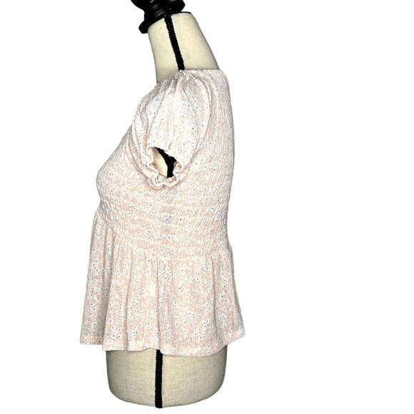 Evolutionary Pink Scoop Neck Short Puff Sleeve Smocked Bodice Babydoll Top Sz S - Picture 4 of 7